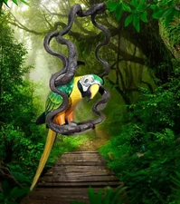 Green Macaw Parrot Statue In Wood Hanging Vine Tiki Bar 17" Head to Tail