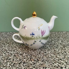 Tea For One Set  3 Piece Cup Pot Lid Hand Painted 1999 Teapot