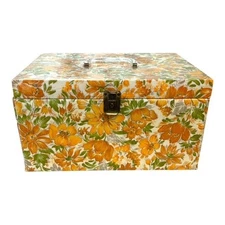Vtg KC Products Floral Vinyl Sewing Case Storage Box Orange 60s 70s Hippie Boho