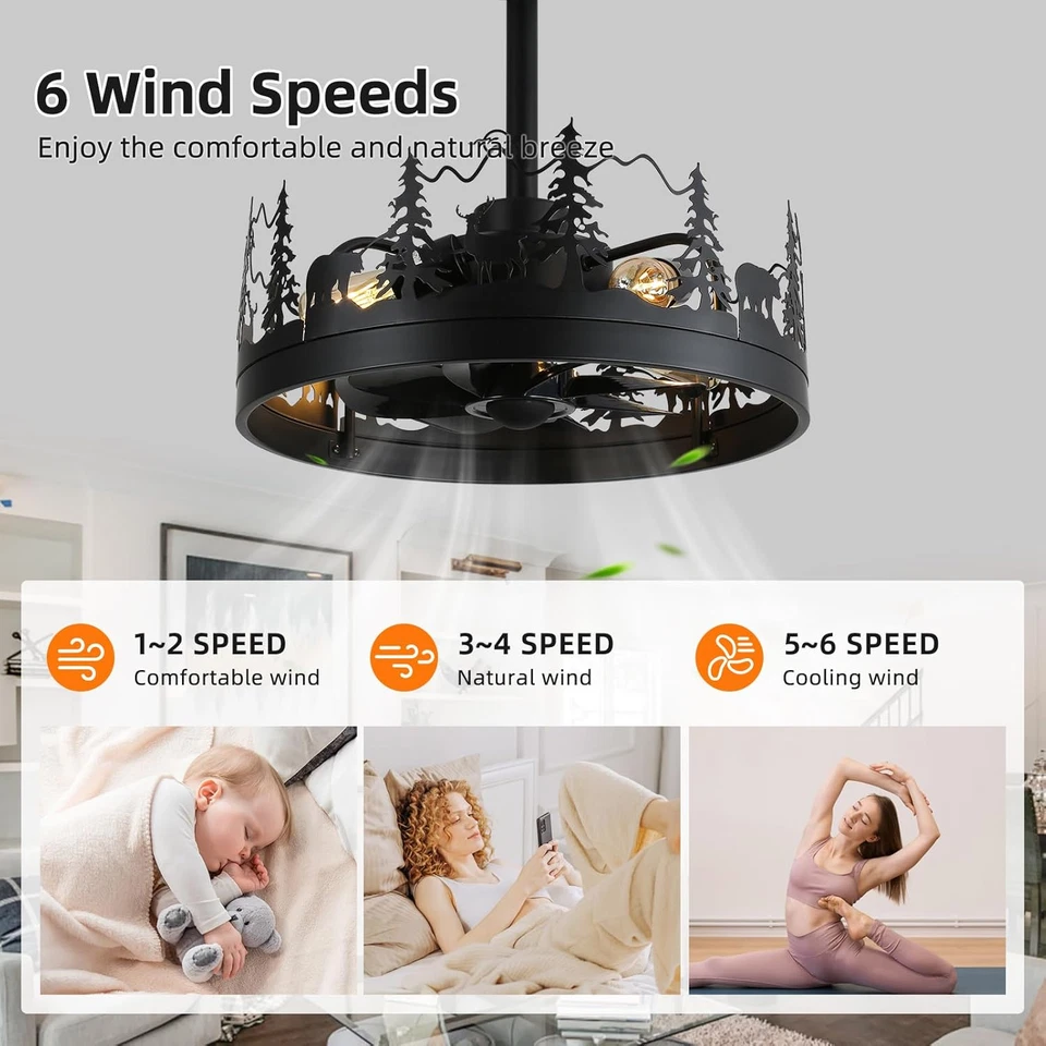 Rustic Ceiling Fans with Lights and Remote, Black Caged Ceiling Fan with Bear an - Image 4 of 4