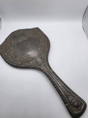 Hand Mirror Silver Plate unmarked some damage spots dents 11.25''