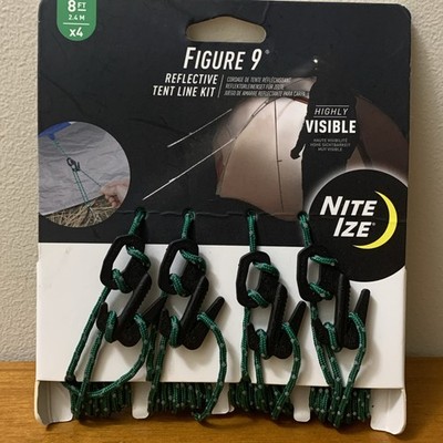 NITE IZE Figure 9 Reflective Tent Line Kit 4-Pk 8ft. Green Cords & 4 Clips NEW