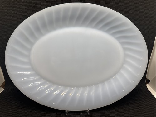 2 Vintage Fire King Oven Glass Blue Azurite Swirl Oval Platter Serving Plate 12" - Picture 4 of 7