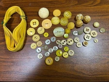 Buttons Craft sew Lot of 45 yellow 2-4-hole shank round plus 6 yds bias tape VTG