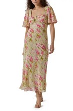 ASTR The Label Lime Pink Floral Tie Back Flutter Sleeve Maxi Dress Size M