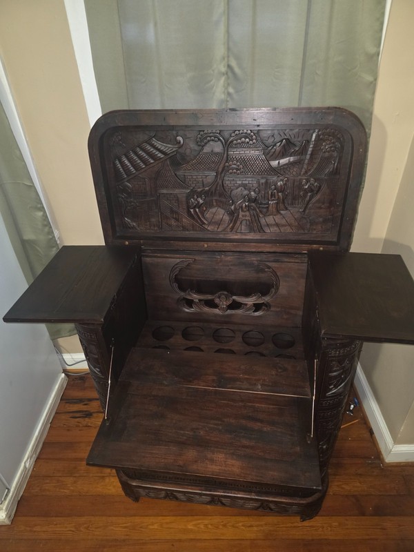 George Zee Mid-Century Asian Vintage Hand Carved Wood Teak Bar Cabinet
