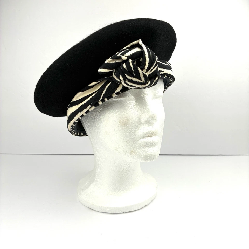 Boina de Lana Kokin New York De Colección Sombrero M Talla 7 Negro Banda a Rayas Cebra Retro Usado en Excelente Condición Foto 2 de 4
