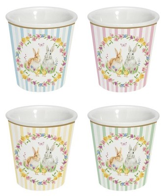4er Set Eierbecher HAPPY EASTER mit Blumen und Hasen aus Porzellan Easy Life