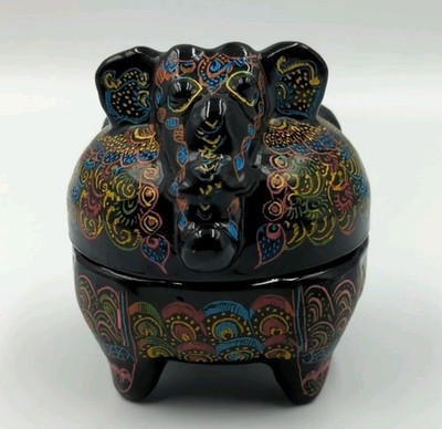 Hand Painted Lacquered Wood Elephant Trinket Box