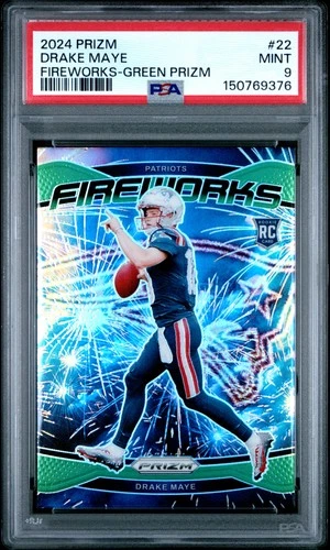 2024 Panini Prizm Fireworks #22 Drake Maye Fireworks-Green Prizm PSA 9