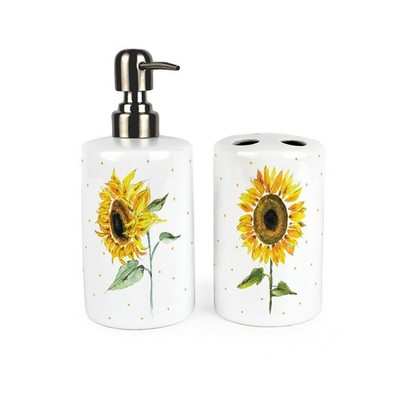 Sonnenblumen Badezimmer Set - gelbe Blumen Keramik Seifenflasche & Zahnbürstenhalter