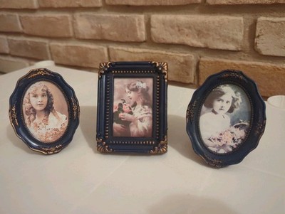 Lot Of 3 Vintage Shaped Victorian Style Photo Fames Blue With Gold Plastic 