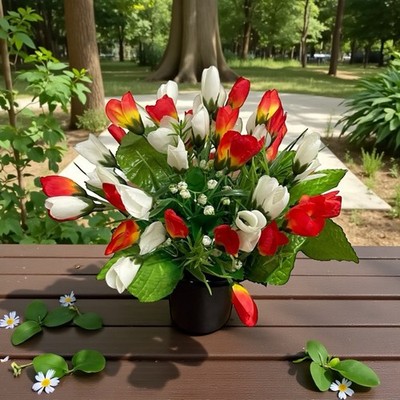 Orange & weiße Tulpen Grabgesteck Kunstblumen Gedenktopf. 38