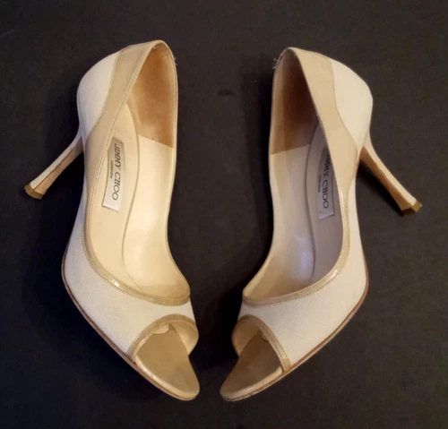 Jimmy Choo Pumps size 39 1/2 Beige Canvas Leather Peep Toe Stilettos Shoes