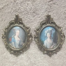 Set of Antique Mini Victorian Ornate Italian Silk Cameo Art Picture Brass Frame