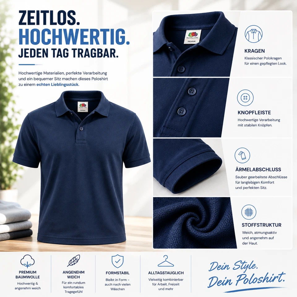 FRUIT OF THE LOOM Poloshirt PREMIUM Polo M L XL XXL 3XL 100%BAUMWOLLE SHIRTS NEU - Bild 2 von 4