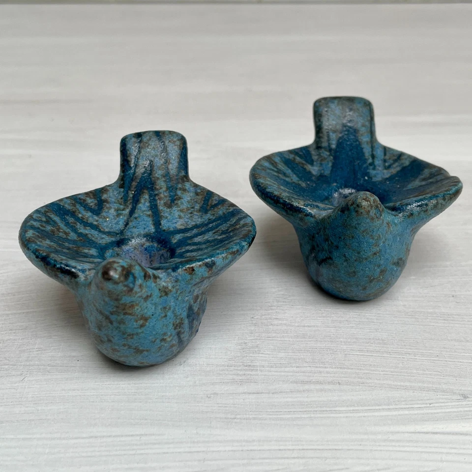 Pair 2 x Vintage Studio Pottery Blue Bird Candle Holders Greece VGC - Image 2 of 4