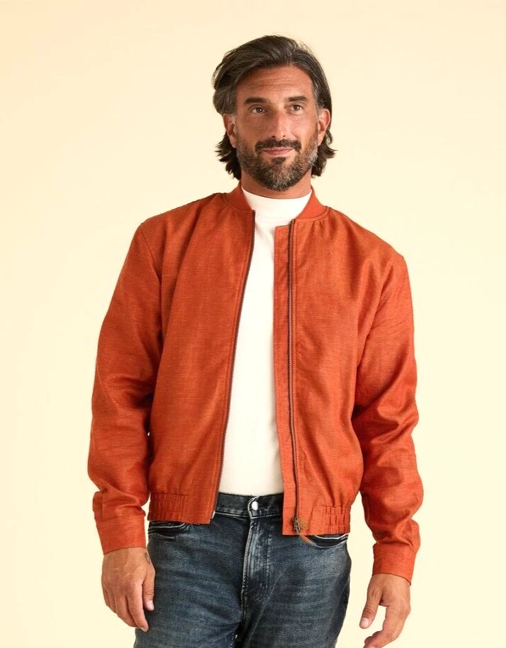 NEW Inserch Mens 100% Linen Bomber Casual Jacket ZipUp Summer Regular Fit ORANGE