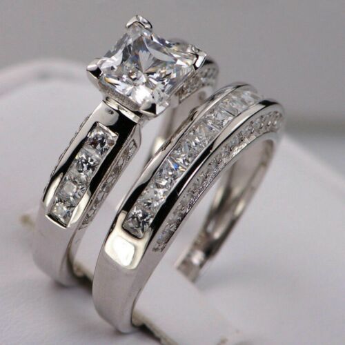 14k White Gold Plated Princess Cut Simulated Diamond Engagement Wedding Ring Set - Picture 1 of 5