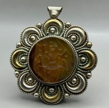 Unique Ancient Roman king Intaglio Agate Stone Silver Gold Plated Pendant