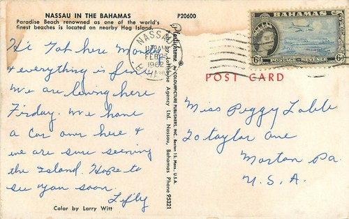 Postal Nassau en las Bahamas Caribbean Paradise Beach Hog Island pm 1962 - Imagen 2 de 2