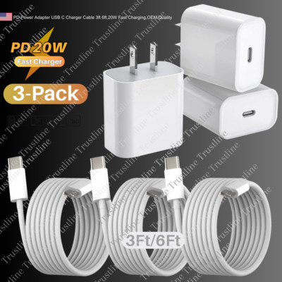 For iPhone 14 13 12 11 Fast Charger Cable 20W PD USB-C Power Adapter 3 Pack Lot