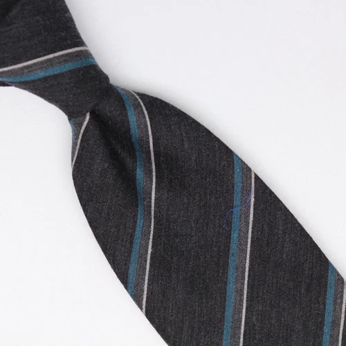 Gladson Mens Wool Silk Necktie Dark Gray Blue White Stripe Weave Woven Tie Italy