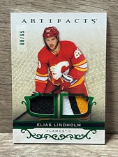 2021-22 UD Artifacts Hockey Material Relic Emerald Elias Lindholm 08/65 Flames