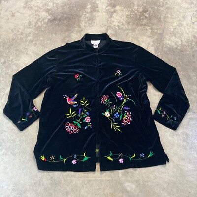 Susan Graver Shirt Women Sz XL Asian Embroidered Floral Art-to-Wear Velvet Boho
