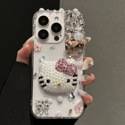 For iPhone 16 Pro Max 15 14 13 12 11 Hello Kitty Clear Rhinestone Case Cover