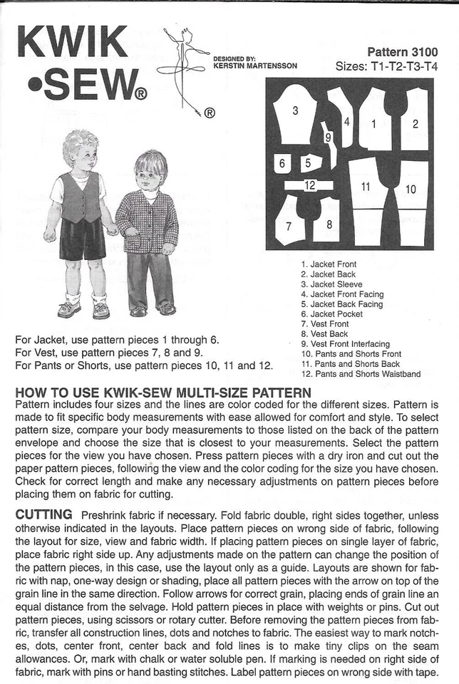 Uncut Kwik Sew Sewing Pattern # 3100 Toddlers Pants Shorts Vest Size T1-T2-T3-T4 - Image 3 of 3