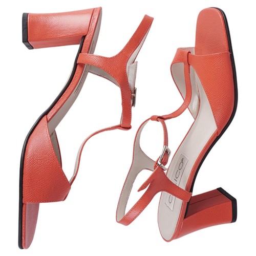 CALICO Vintage Women Heeled Sandals 8.5M Orange Leather T-Strap Open Toe - Picture 3 of 9