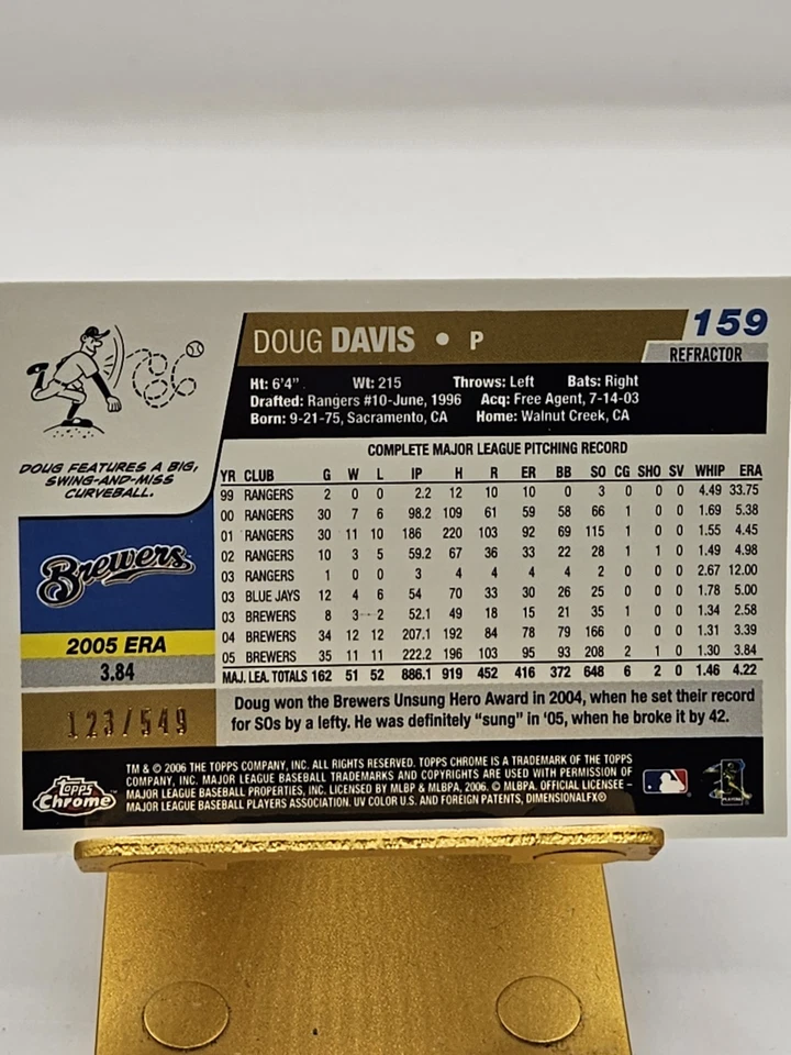 2006 Topps Chrome Black Refractor /549 Doug Davis #159 Milwaukee Brewers  - Image 2 of 2