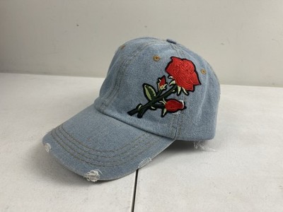 David and Young Distressed Denim Hat Embroidered Rose Adjustable