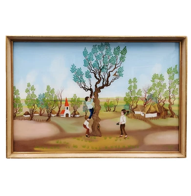 IVANA LOVKOVIC MATUNCI Hinterglasmalerei Spielende Buben 1972 Naive Kunst Kroati - Bild 1 von 4