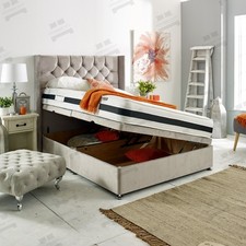 Image of Ottoman Storage Plush Velvet Upholstered Bed and Winged Chesterfield Headboard