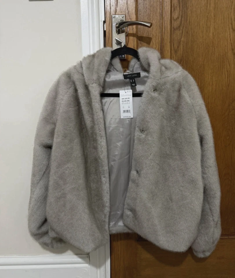 Winter Fur Coat New Look Size S Grey Faux Fur Hood Long Sleeve - Image 2 of 3
