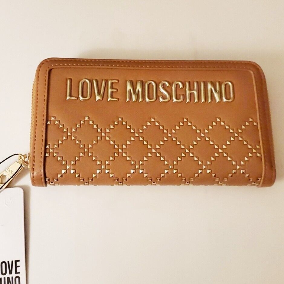 Love Moschino Continental Wallet Brown Portafogli Studded Zip Around Brand New