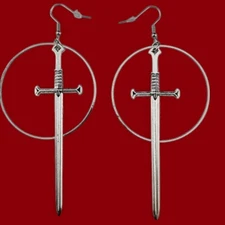 LONG SILVER-TONE SWORD & HOOP EARRINGS medieval knight dagger claymore goth 1W