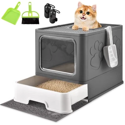 ARC Extra Large Cat Litter Boxwith Mat, Free In & Out/ One-Way Litter Box with Lid
