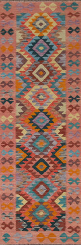 Pastel Color Reversible Kilim 10 ft. Runner Rug Wool Flat-Woven 9' 10" x 2' 9" - Picture 1 of 10