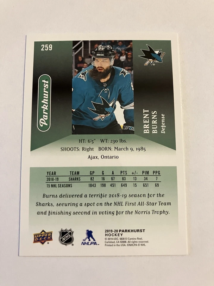 Brent Burns 2019-20 Upper Deck Parkhurst Hockey #259 San Jose Sharks - Image 2 of 2