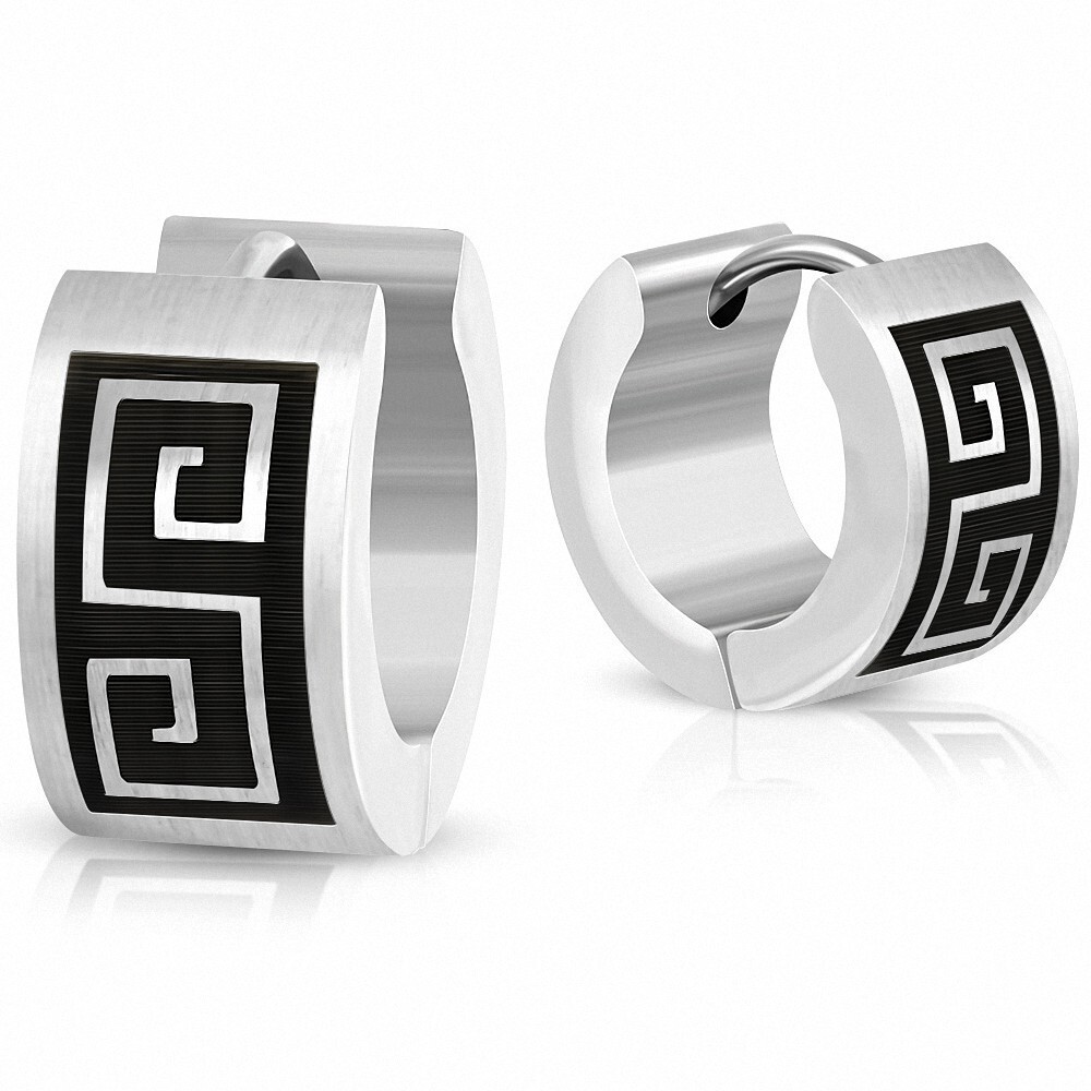 7mm Stainless Steel Greek Key Huggie Earrings in Two-Tone Finish