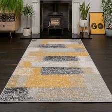 Ochre Yellow Grey Rugs Distressed Paintbrush Stroke Art Cheap Living Room Rug