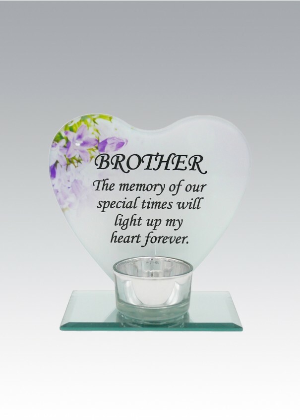Glass Heart Memorial Plaque Tea Light Candle Holder Floral Graveside