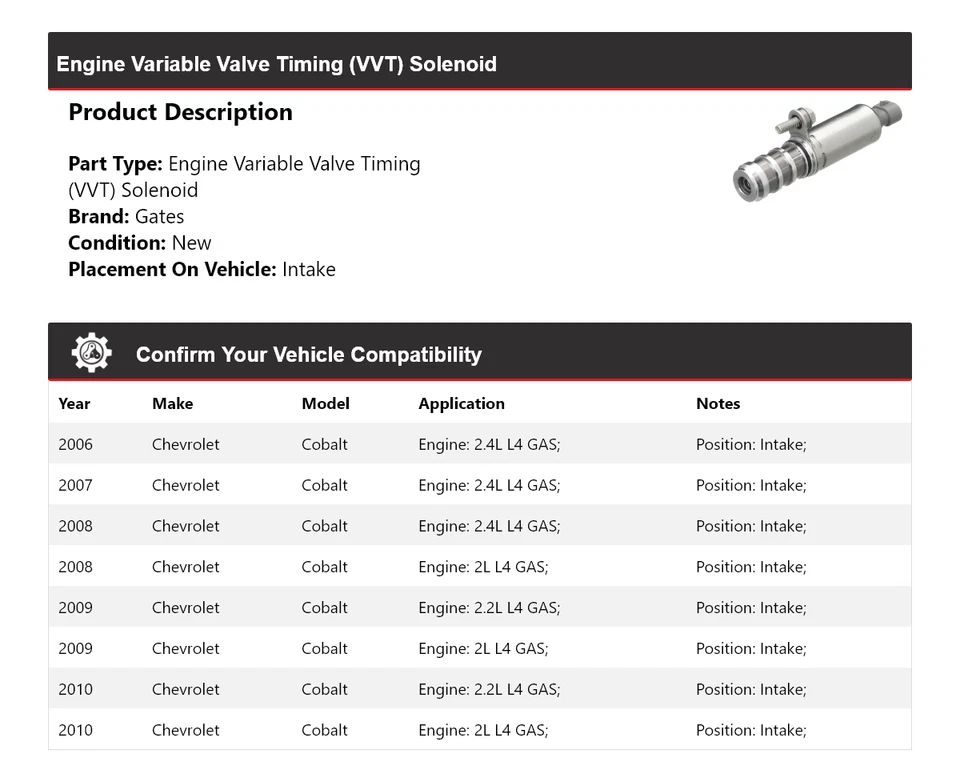 Puertas de admisión de solenoide VVT para motor Chevrolet Cobalt 2006-2010 2007 2008 2009 Foto 2 de 4