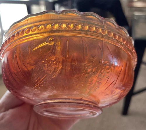 Antique Dugan Marigold Stork and Rushes Carnival Glass Replacement Berry Bowl