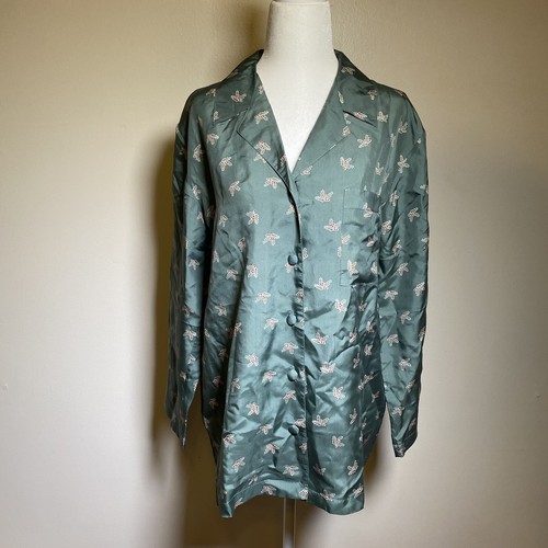 Green Christmas Holly 100% Silk Holiday button up blouse Size Small NWT - 第 2/9 張圖片