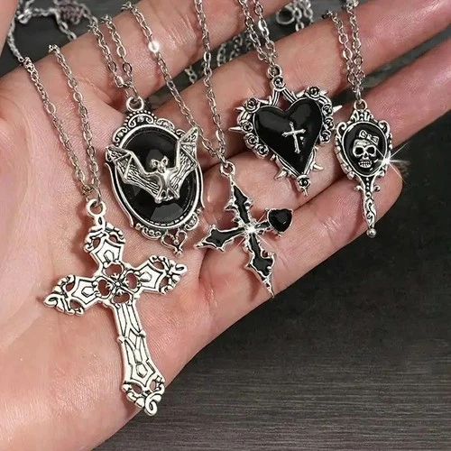 5PCS Gothic Necklace Set Women Halloween Heart Bat Spider Cross Pendant Jewelry - product listing photo