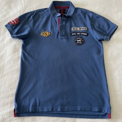 Royal Enfield Shirt Mens Medium Blue Motorcycles Biker Patches Garage Polo